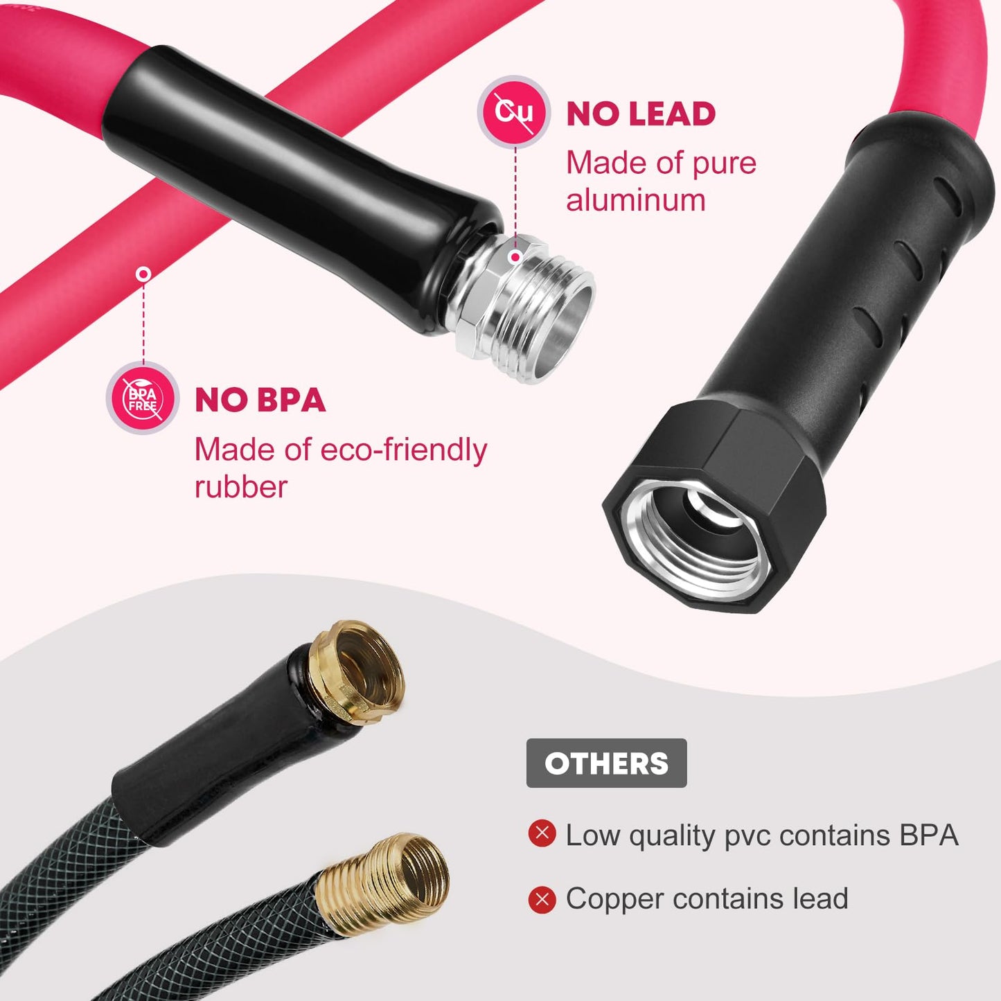 Kohree 25FT RV Water Hose, 5/8'' Premium Drinking Water Hose Leak Free, No Kink and Flexible Garden Hose with Storage Bag, Ideal for RV, Camper, Garden, Truck, Car - Pink