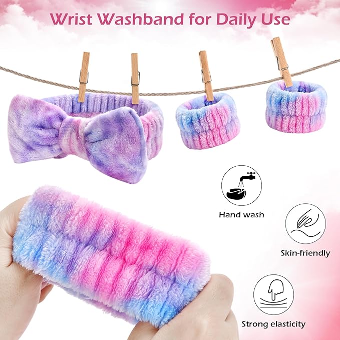 3PCS Spa Headband and Wristbands Set for Women, Soft Microfiber Face Wash Headband with Cute Bow, Elastic Absorbent Wrist Towels, Makeup Skincare Accessories for Facial, Shower, Yoga