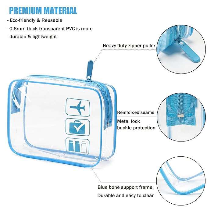 MODENGKONGJIAN TSA Approved Toiletry Bag, 3 Pcs Clear Toiletries Bags Quart Size Travel Makeup Cosmetic Bag for Women Men, Carry on Airport Airline Compliant Bag (Blue)