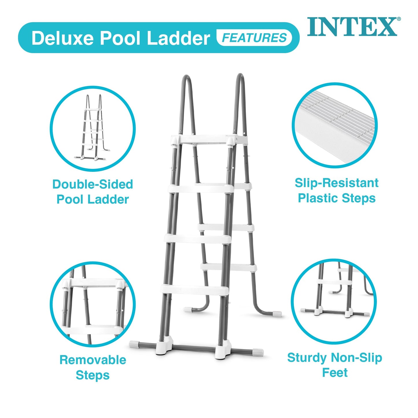Intex 28076E Deluxe Pool Ladder with Removable Steps for Intex Pools with Wall Height of 48 Inch