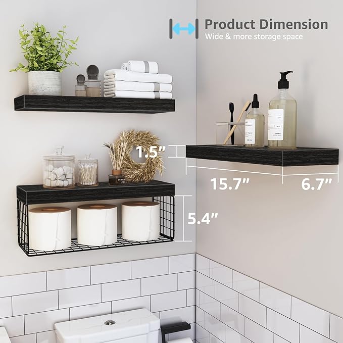 QEEIG Bathroom Shelves Over Toilet - Wall Mounted Floating Shelves Toilet Paper Storage Small Farmhouse Decor Shelf 16 inch Set of 3, Black (019-B3)