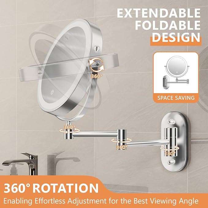 Auxmir 1X/30X Wall Mounted Lighted Makeup Mirror, 8" Rechargeable Double-Sided Magnifying Mirror with Light, Touch Dimmable 3 Color Light, 360° Rotation Foldable Extended Arm, Chrome