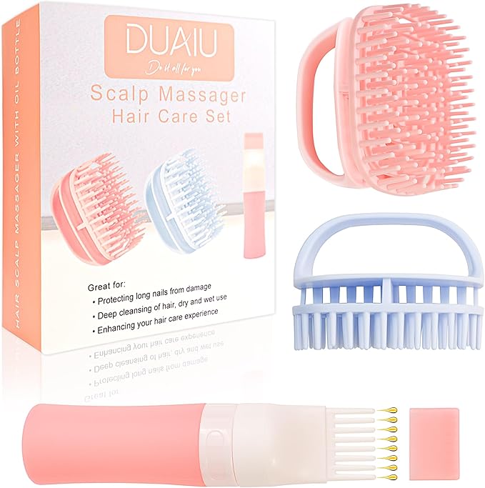 DUAIU Hair Oil Applicator with 2PCS Scalp Massager, Silicone Root Comb Applicator Bottle and Silicone Shampoo Brush Set, Scalp Scrubber Bottle for Hair Dye and Care