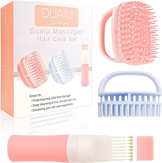 DUAIU Hair Oil Applicator with 2PCS Scalp Massager, Silicone Root Comb Applicator Bottle and Silicone Shampoo Brush Set, Scalp Scrubber Bottle for Hair Dye and Care