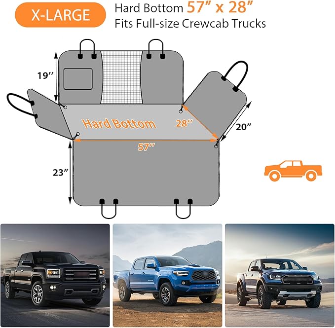 URPOWER XL Dog Backseat Extender for Full-Size Crew Cab Truck, Hard Bottom Dog Car Seat Cover for Back Seat Holds 400lbs, Waterproof Dog Hammock Pet Rear Seat Protector Travel Bed for F150 / Silverado