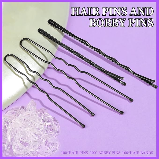 Teenitor 300pcs Hair Pins Bobby Pins Black, 100 Black Bobby Pins 2" 2.75"100 Hair Pins for Women and 100 Clear Hair Bands Kit, U Pins for Buns 2" 2.36"