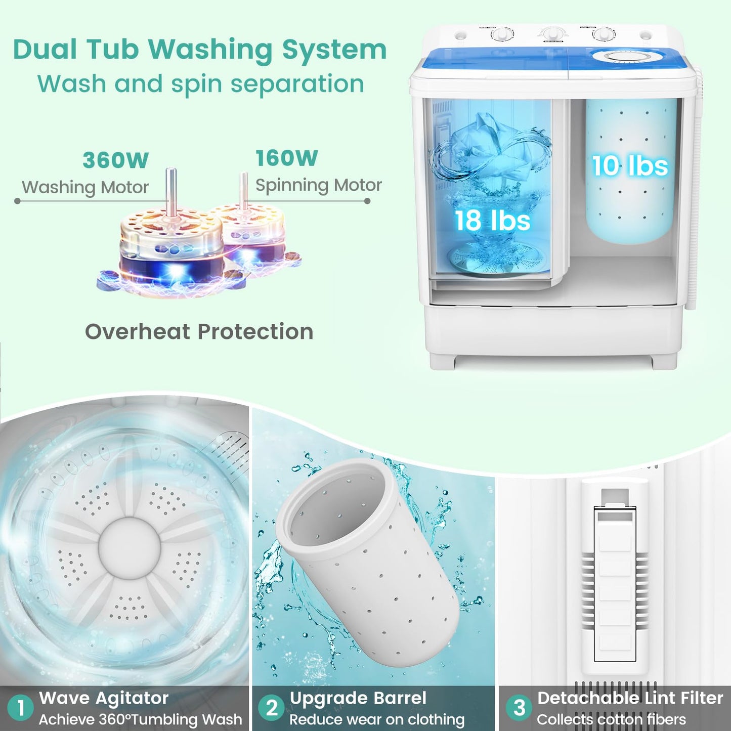 Auertech 28 Lbs Portable Washing Machine, Portable Washer for Apartment with 18 Lbs Washer, 10 Lbs Spinner, Mini Compact Top Load Washing Machine for RV Dorm