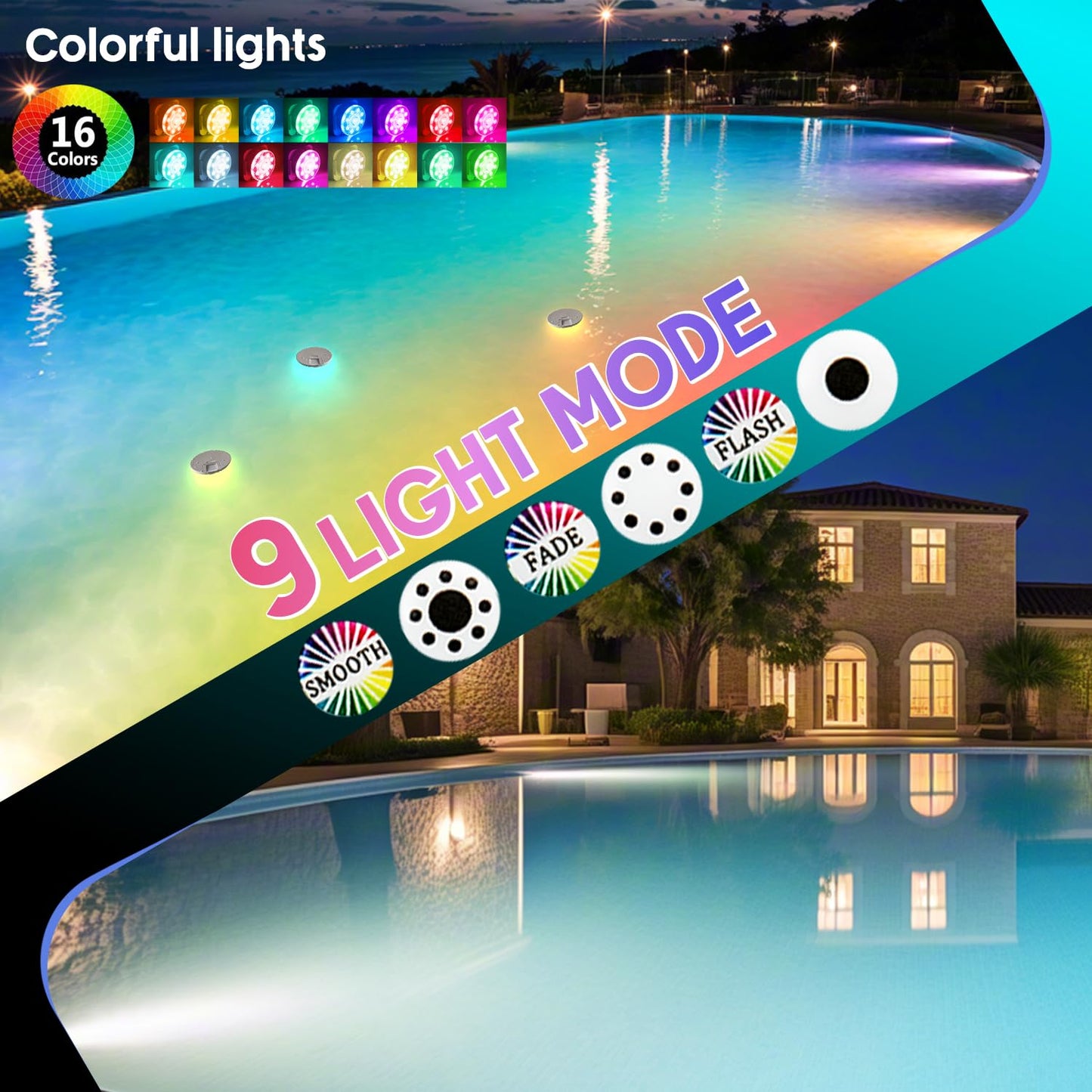 Underwater Pool Lights for Above Ground and Inground Swimming Pools with Remote Timer Off, Magnetic RGB Submersible LED Lights Rechargeable Spotlight 16 Colors 9-mode for Hot Tubs, Fountain -2Pack