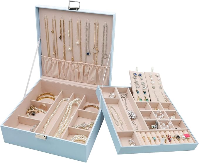 ProCase Jewelry Box for Women, 2 Layers Large Leather Jewelry Organizer Storage Case with Removable Pad for Earrings -Blue