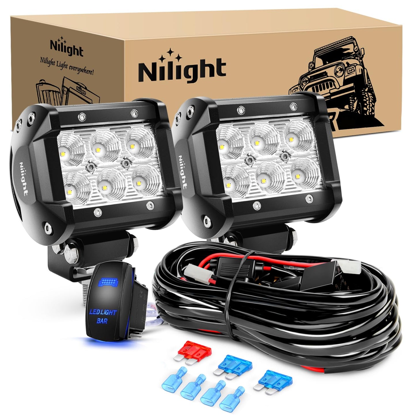 Nilight 4 Inch LED Light Pods 2PCS 18W Flood Fog Light Bar with 12V 5Pin Rocker Switch TE Connector Wiring Harness Kit-2 Leads for 4x4 offroad Pickup Truck ATV UTV SUV Golf Cart Boat