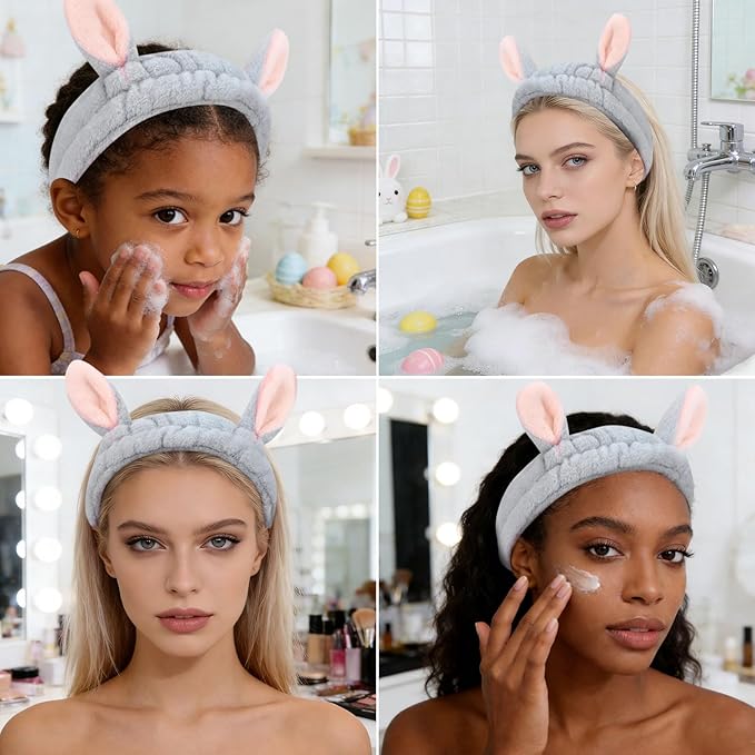 YISSION Cute Bunny Ear Spa Headband for Women and Girls - Soft Plush Makeup Headband for Face Washing, Skincare, Shower, Easter Party Favors (2 Pack, Gray with Pink Inner Ears)