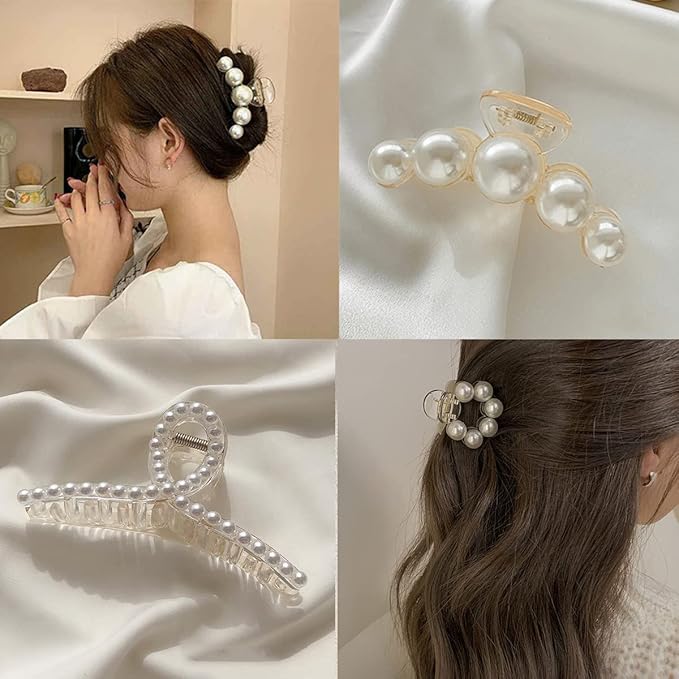 Mehayi 4 PCS Large Pearl Hair Claw Clips for Women Girls, Hair Barrette Clamps for Thick Thin Hair, Fashion Hair Accessories Headwear Styling Tools for Party Wedding