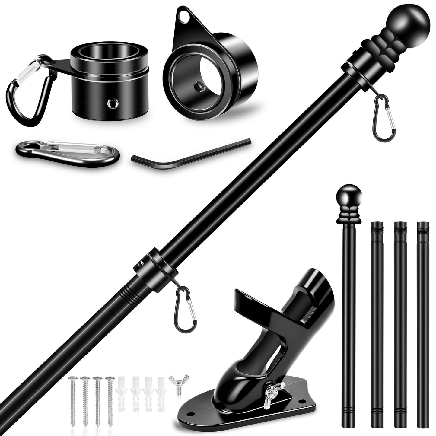 5 FT House Flag Pole Kit, 1" Spinning Thicken Stainless Steel Metal Flagpoles for Outside House Porch Post Wall Mount with 2-Position Flagpole Holder Bracket & 360Â° Flag Ring for 3x5 Flag(5 FT, Black)