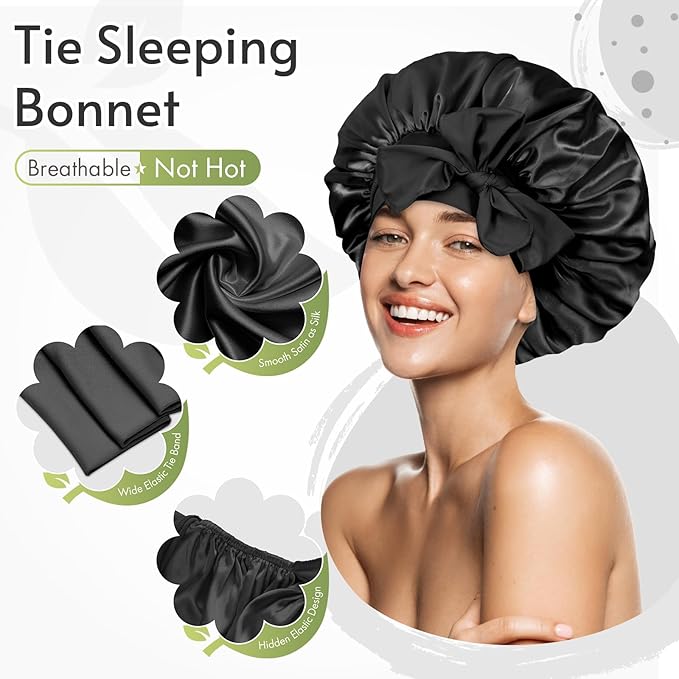 BONNET QUEEN Small Silk Bonnet for Sleeping Women Anti-Frizzy Satin Bonnet Night Sleep Cap Wrap for Curly Hair with Adjustable Tie Band, Double Layer, Black