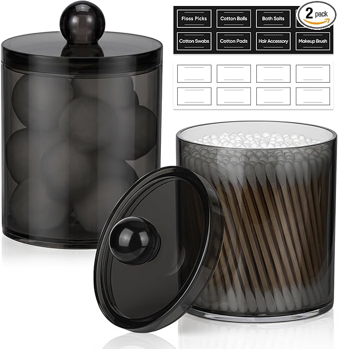 2 Pack Acrylic Qtip Holder Dispenser for Cotton Swabs, Balls, Pads, Floss Picks- Clear Plastic Canister Apothecary Jar Set, Bathroom Essentials Accessories Decor Vanity Makeup Storage Organizer -Black