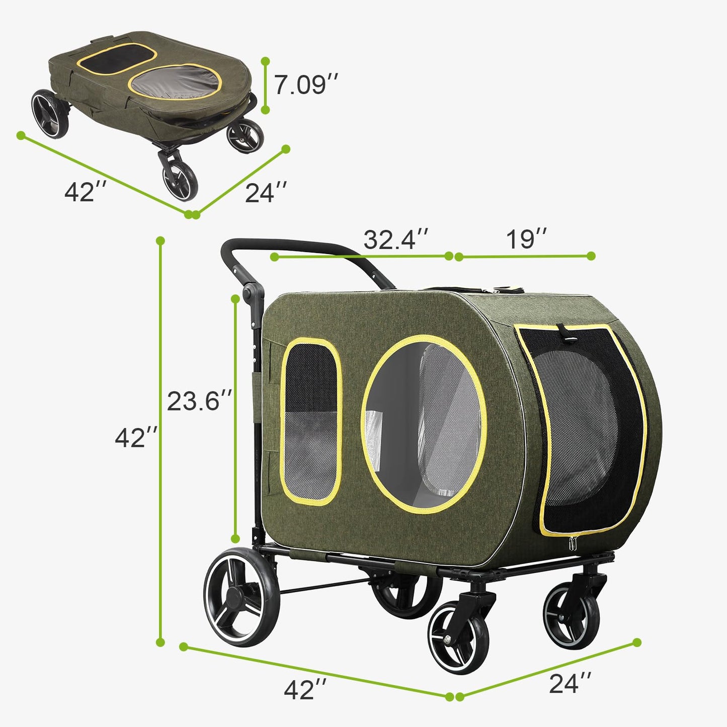 2025 Upgraded Dog Stroller for Large & Medium Dogs，Pet Stroller for 2 Small Dogs, Foldable Jogger Wagon with Detachable Carrier for Car Seat, Adjustable Handle, Up to 90 lbs, Green