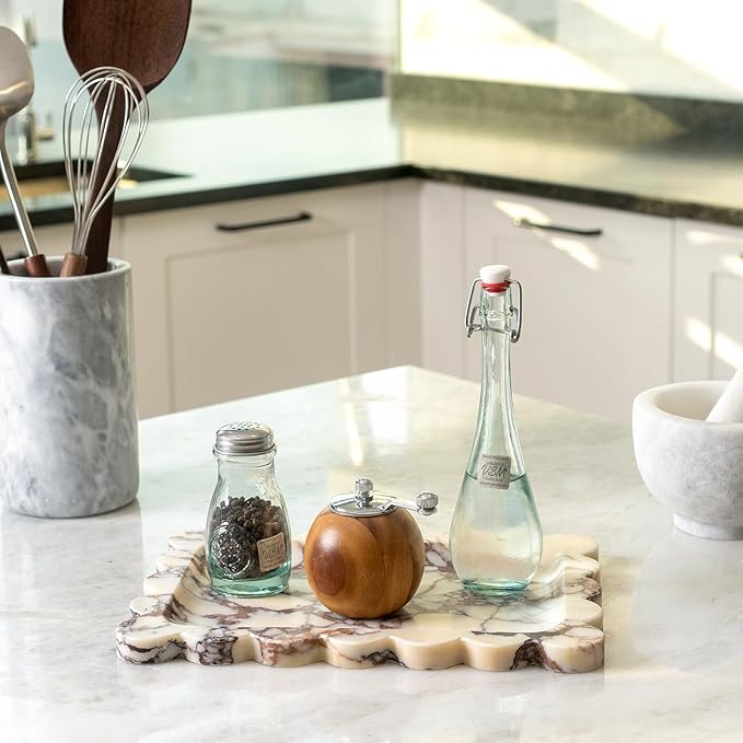 Koville Luxury Calacatta Viola Marble Tray, 11"x8" Scalloped Marble Vanity Tray for Countertop Bathroom Kitchen Dresser, Natural Stone Tray for Jewelry Perfume Home Decor, Decorative Catchall Tray