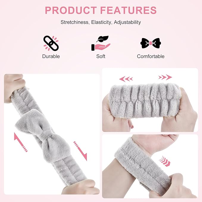 6Pack Headband and Wristband Set for Washing Face, Spa Skincare Makeup Headband, Soft Puffy Hair Band Bow Tie, for Women and Teen Girl Trendy Stuff Gifts