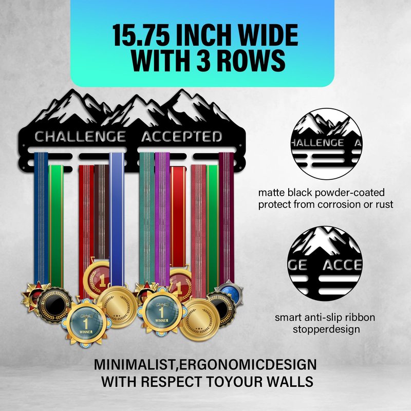 PH PandaHall Mountain Medal Hangers Wall Mounted Challenge Accepted Medal Rack Display Metal Triathlon Running Sport Challenge Awards Hanging Holder for Over 50 Competition Medal Necklace Jewelry