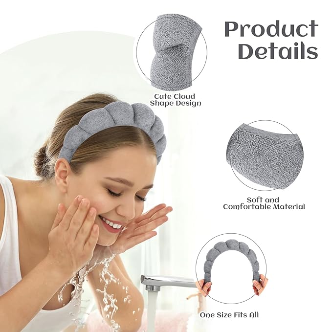 Women's Spa Terry Cloth Headband for Face Washing, Makeup Removal and Hair Care (Grey)