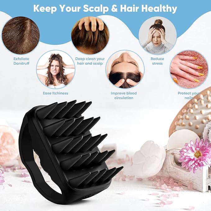 Bsisme Scalp Massager Hair Growth, Scalp Scrubber with Soft Silicone Bristles for Dandruff Removal, Shampoo Brush for Men Women Kids Pets Wet Dry Hair Scalp Exfoliator, Black