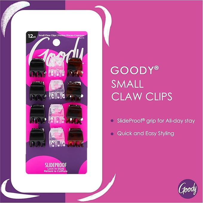 Goody Small Basic Half-Claw Hair Clips, 12-Count – 3-Prong Claw Clips for All Hair Types, Neutral Colors (Black, Tortoise, Clear), SlideProof Grip for All-Day Hold