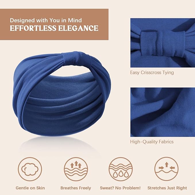 Awumbuk Wide Headbands for Women Knotted No Slip Head Bands Soft Turban Headband Hair Accessories Boho African Solid Color Head Wraps for Women Yoga Workout Pack of 6