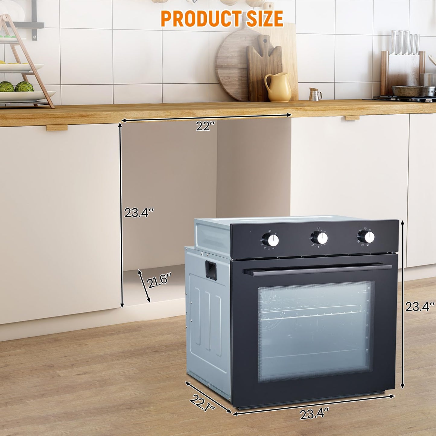 24 Inch Built-in Electric Single Wall Oven, 2.5 Cu.ft Stainless Steel Convection Oven with 8 Cooking Functions, Mechanical Knob Control, 500℉ Max Temperature, 3-Layer Tempered Glass Door