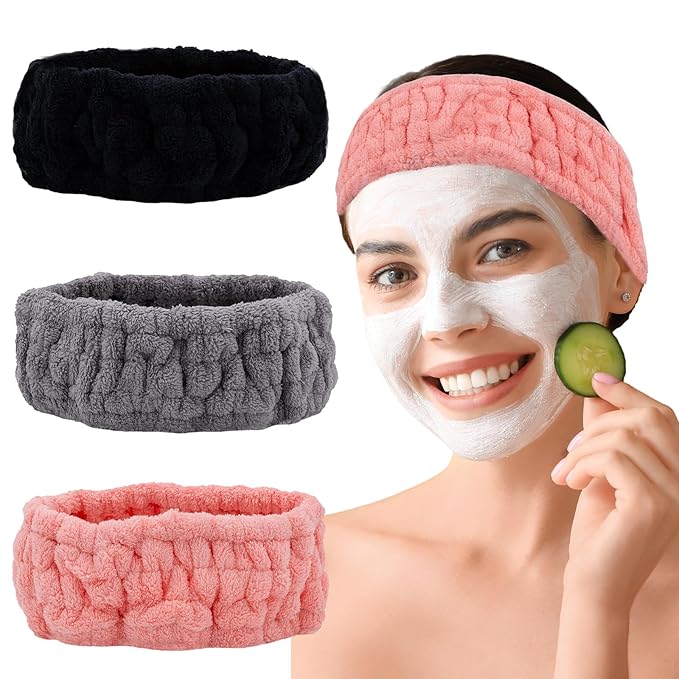 Microfiber Spa Headband 3-Pack, Soft Terry Cloth Headband for Washing Face, Facial Mask, Makeup, Shower, Yoga, Gift for Women and Teens (Black+Gray+Pink)