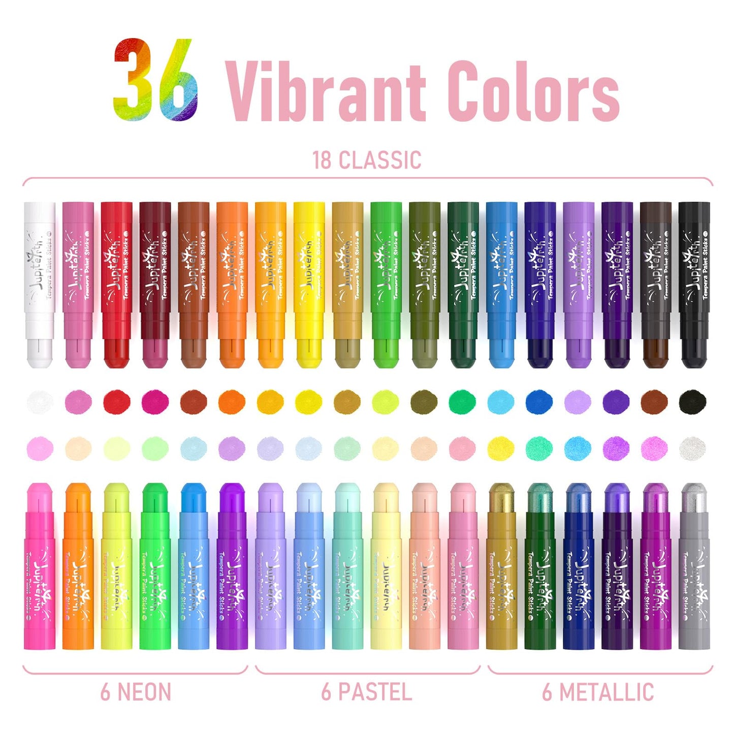 JUPITEARTH Paint Sticks for Kids 36 Colors, Quick Drying, Smooth, Non-Toxic and Washable Solid Tempera Paint Sticks with 120 PDF Coloring Pages and 30 Stickers, Toddler Art Supplies for Drawing