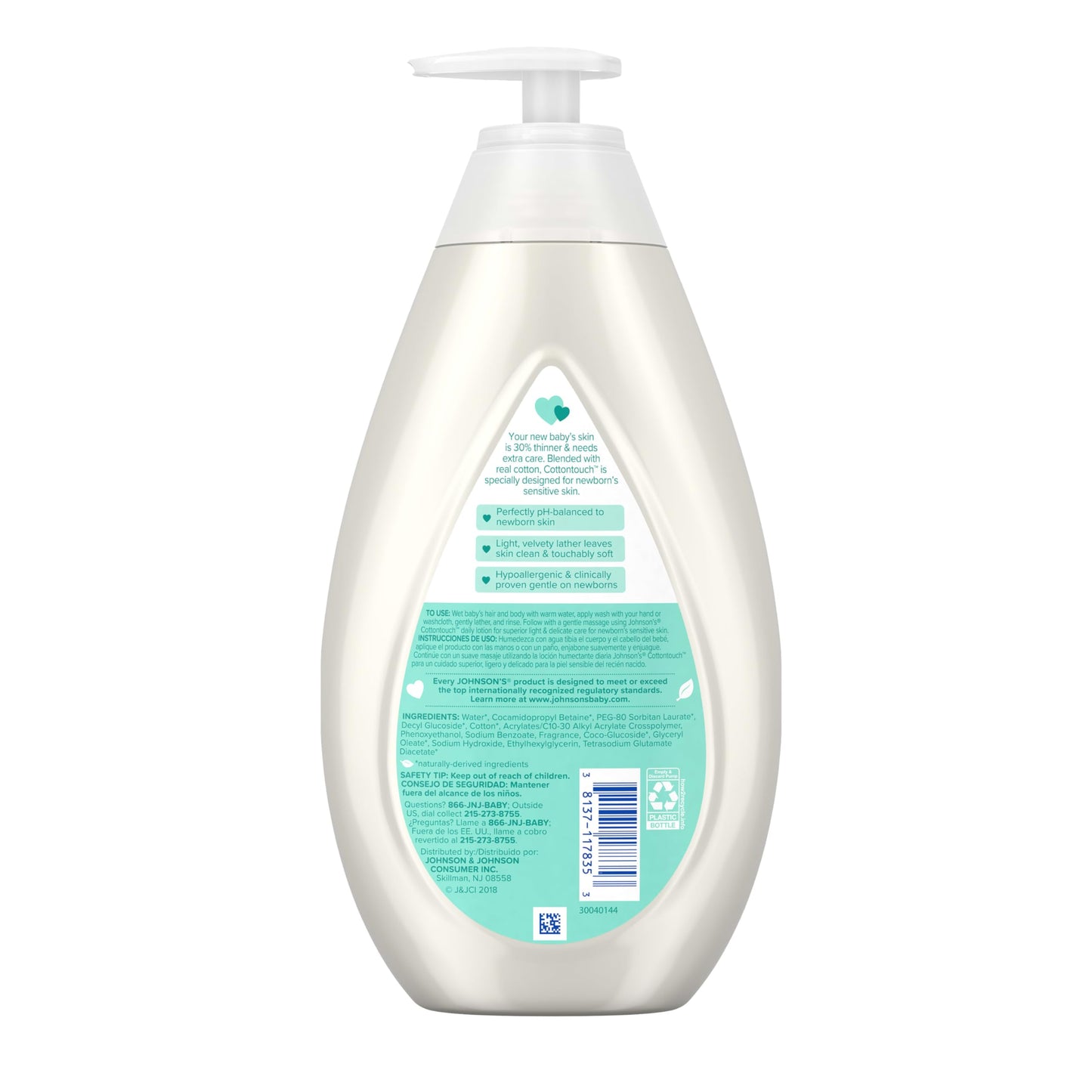 Johnson's CottonTouch Newborn Baby Wash & Shampoo with No More Tears, Sulfate-, Paraben- Free for Sensitive Skin, Made with Real Cotton, Gently Washes Away Dirt & Germs, 27.1 fl. oz