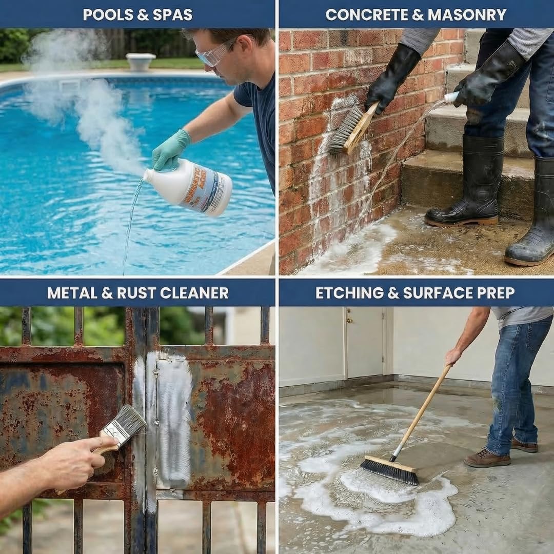 EZ Pools Muriatic Acid for Swimming Pools & Spas – Pack of 4 Gallons, Lowers pH, Muriatic Acid for Pools (HCL), pH Reducer for Water Balancing