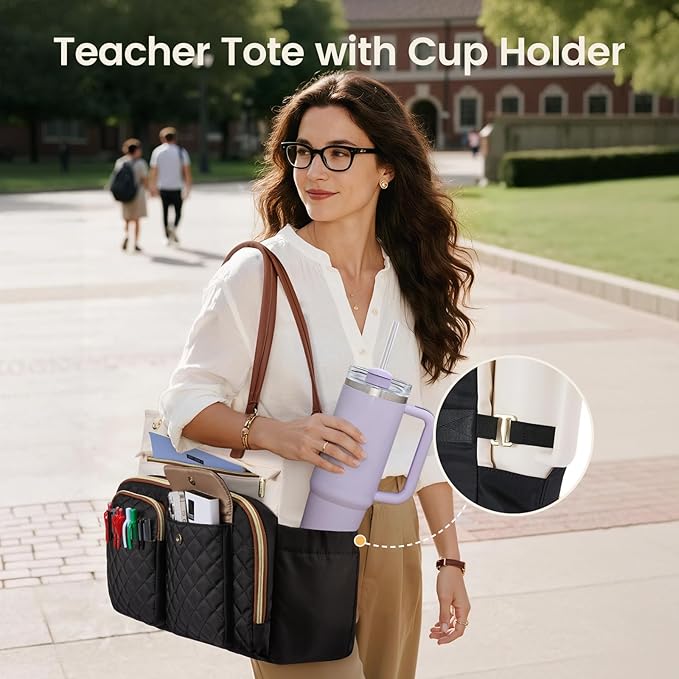 LOVEVOOK Tote Bag with Large Cup Holder, Work Tote Bags for Women, Large Capacity Teacher Tote with Multi Pockets, Nurse Diaper Bag with Padded Laptop Compartment, 15.6 Inch Light Green Beige