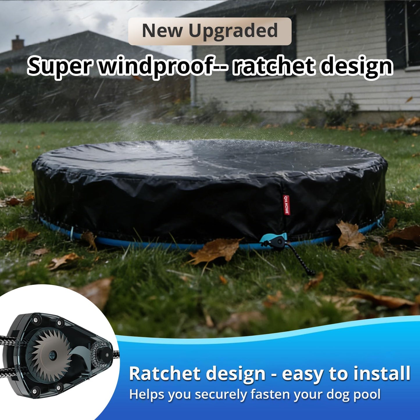QH.HOME 71-72 inch Foldable Dog Pool Cover Round, Collapsible Pet Swimming Pool Cover for Large Dogs – Waterproof, Odorless Fabric, Ratchet Lock – Kiddie Pool Cover Only