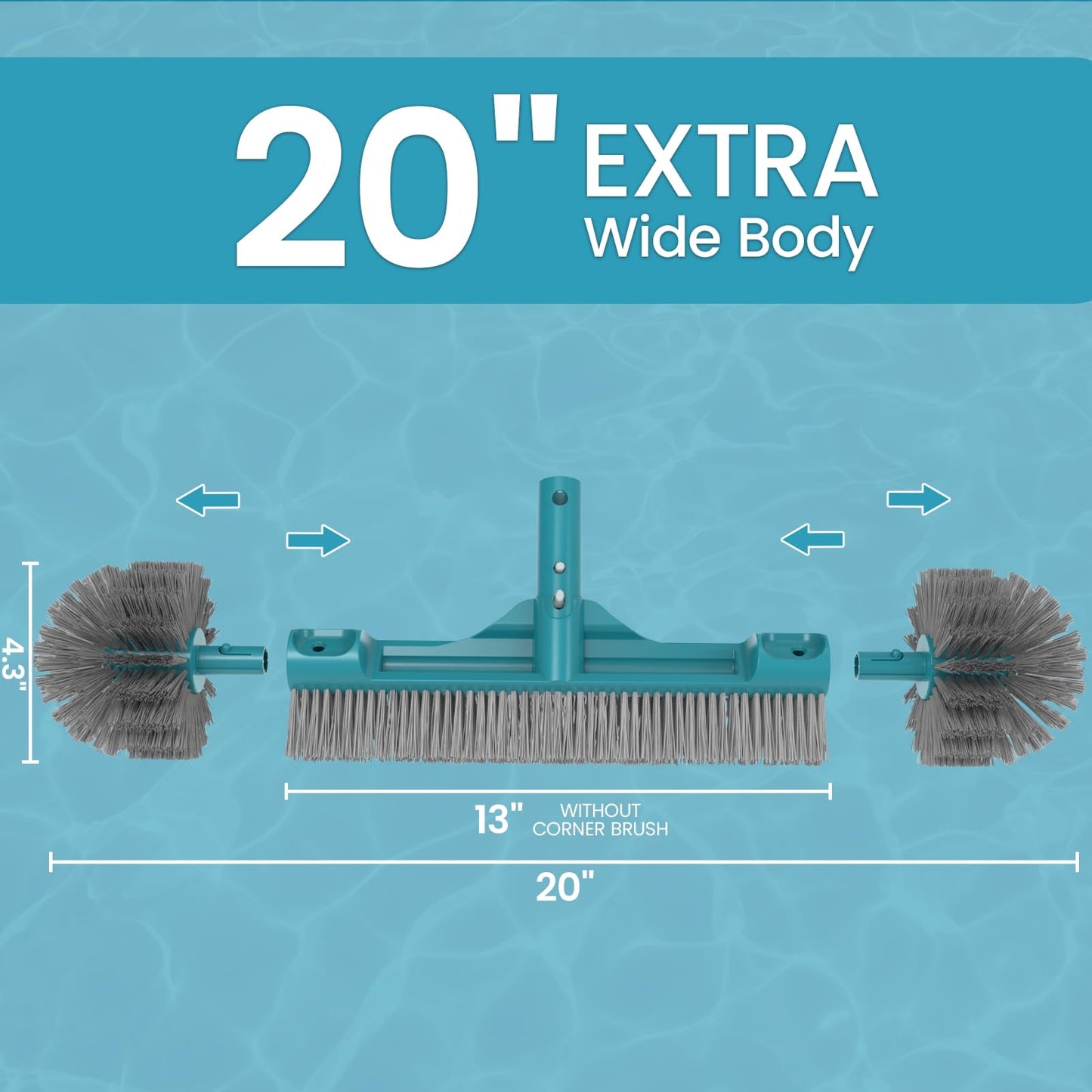 20” Pool Brush Head with Round Ends, Nylon Bristles, Extra Wide Plastic Pool Scrubber Brush for Cleaning Swimming Pool Walls, Steps & Corners Faster, Safe for Vinyl Liner(No Pole)