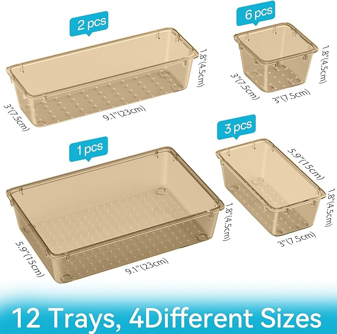 12 PCS Drawer Organizer Set, 4 Sizes Tool Storage Trays, Clear Plastic Makeup Vanity Organizer and Storage Bins for Stationeries, Multiple Gadgets for Office, Bedroom, Champagne
