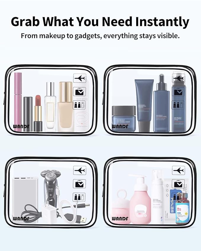 TSA Approved Clear Travel Toiletry Bag wih Zippers Carry-on Travel Accessories Quart Size Toiletries Cosmetic Pouch Makeup Bags for Men and Women (4pcs)