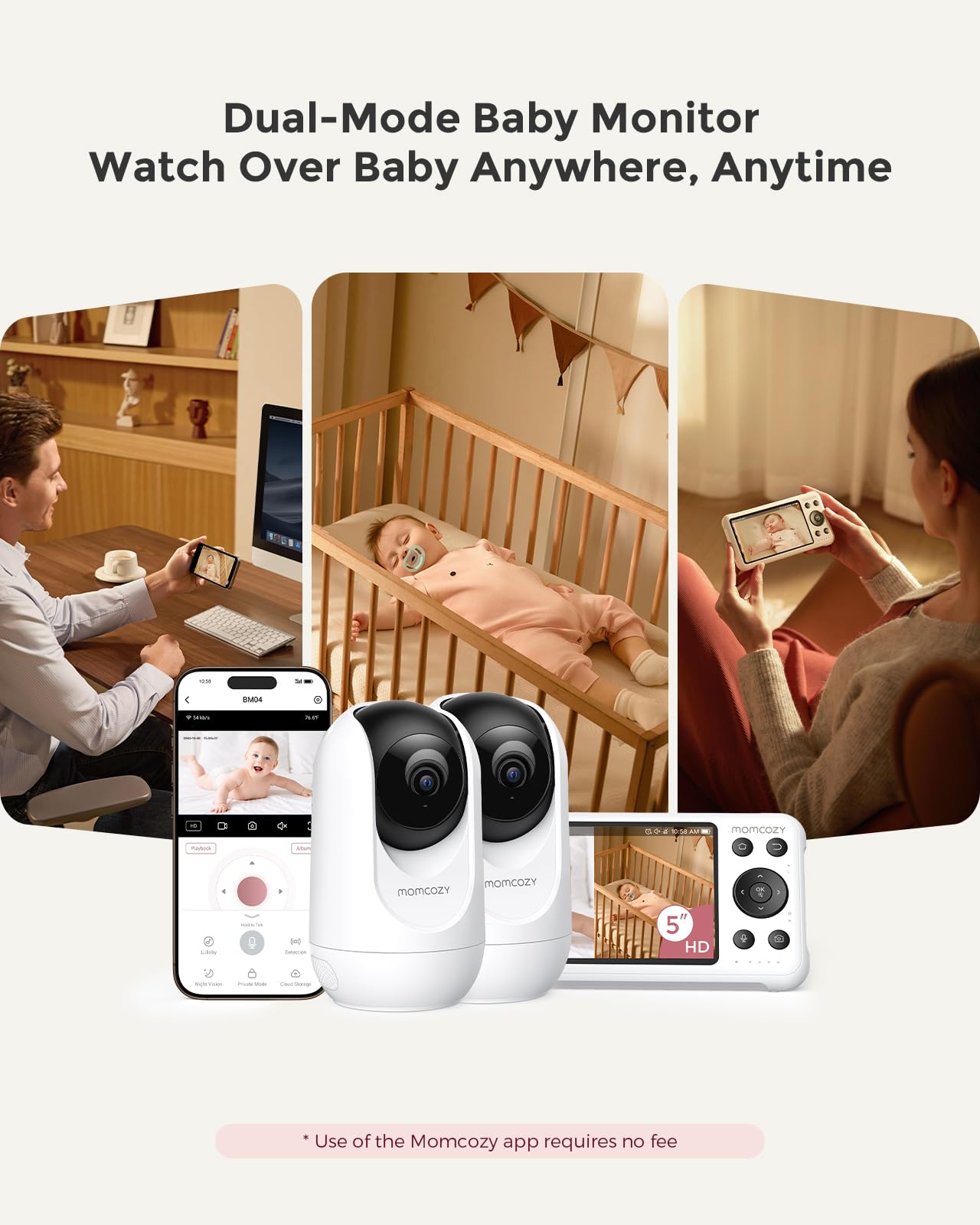 Momcozy BM04 Smart WiFi Baby Monitor with 2 Cameras, 5" 1080P Split Screen Video Baby Monitor with Camera and Audio, Motion Detection, Electric Fence, Clear Night Vision, 2-Way Audio, 5000mAh Battery