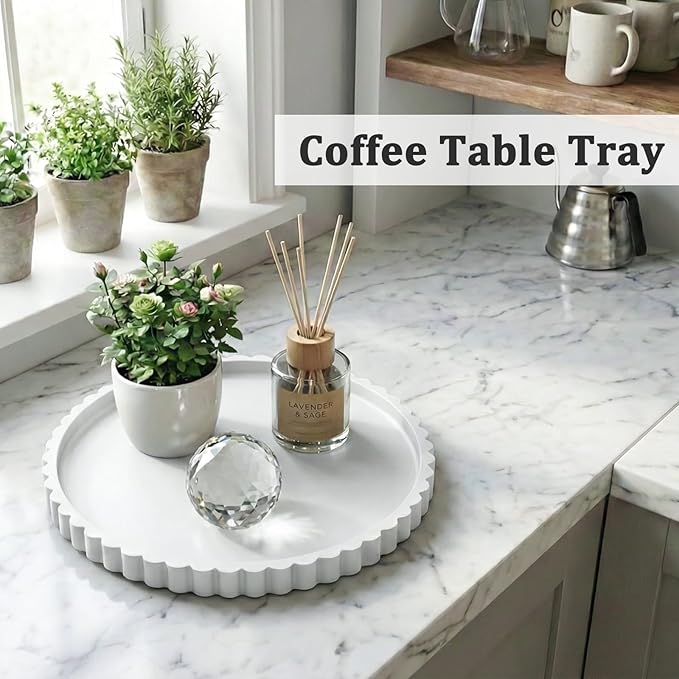 HighHerz Silicone Bathroom Countertop and Vanity Tray-10 Inch Round Silicone Bathroom Tray, Modern Bathroom Decor, Coffee Table Decor, Decorative Tray for Candle, Perfume, Plants (White)