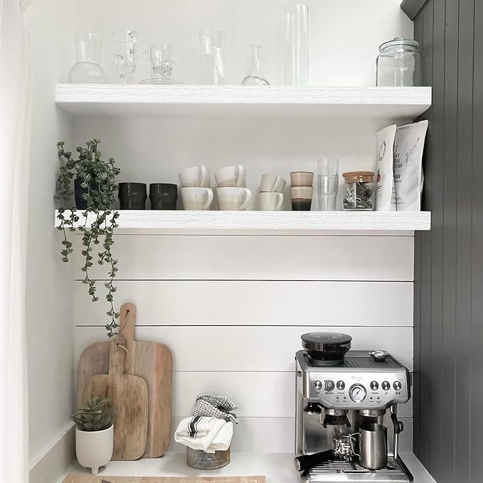 QEEIG Floating Shelves for Wall 35.4" Long - Wall Mounted Shelf Bathroom Kitchen Living Room Bedroom Farmhouse Home Decor Display Bookshelf Large 35.4 x 9.3 inch Set of 2, White (008-90W)