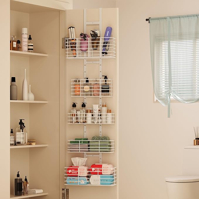 Yuyetuyo 5-Tier Over The Door Organizer Bathroom Shelves Hair Tool Organizer - Hair Dryer Holder Adjustable Height, DIY Bathroom Storage Shelf Wall Mounted Behind The Door Storage