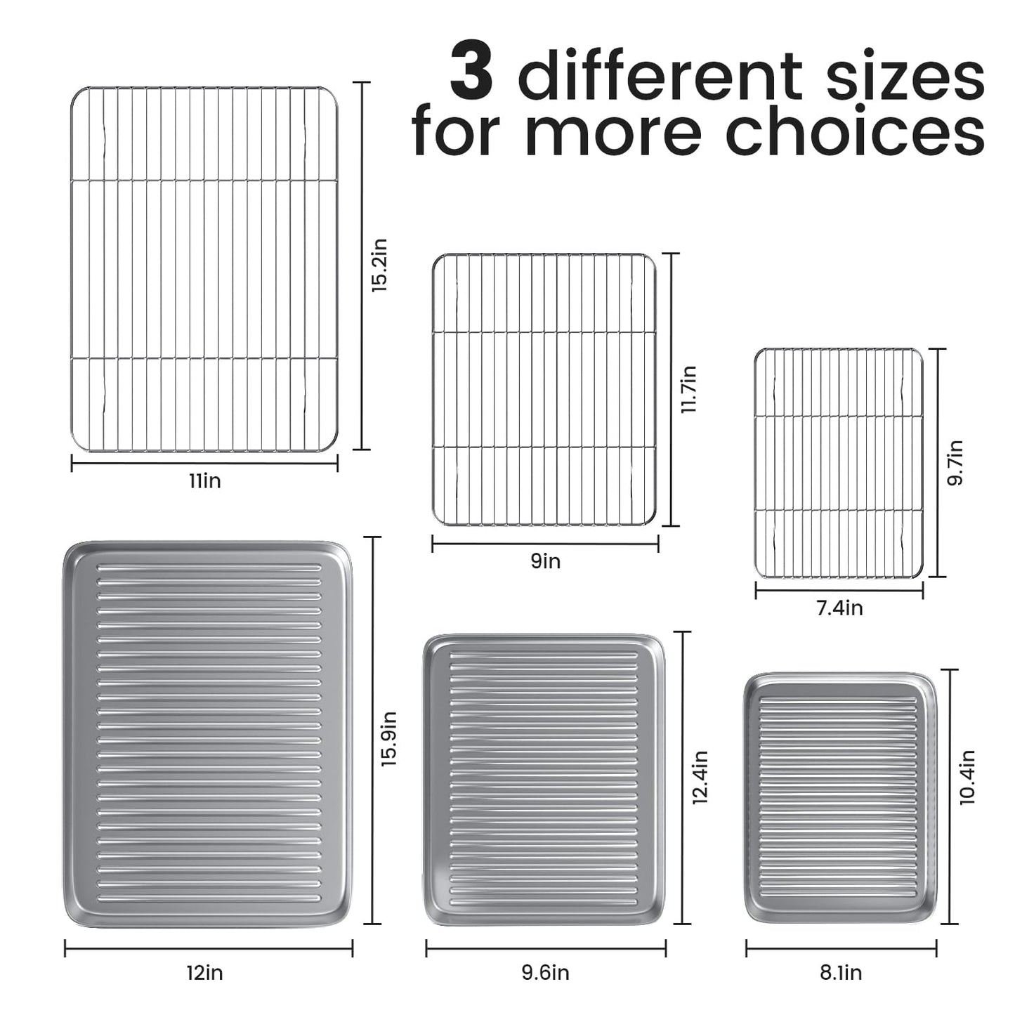 Baking Sheet with Wire Rack Set: 3 Baking Pans + 3 Cooling Racks for Cooking and Baking - Stainless Steel Nonstick Bacon Pans for Oven, Warp Resistant & Heavy Duty & Rust Free