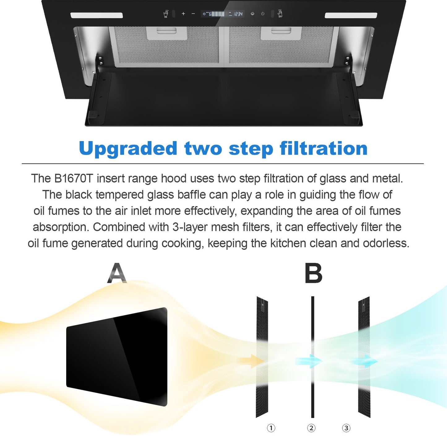 JOEAONZ Range Hood Insert 30 Inch 800 CFM, Built-in Vent Hood Black Glass Gesture & Touch Control Kitchen Exhaust Fan, Mesh Filters Recirculating Stove Hood Dual LED Lights Ducted/Ductless Convertible