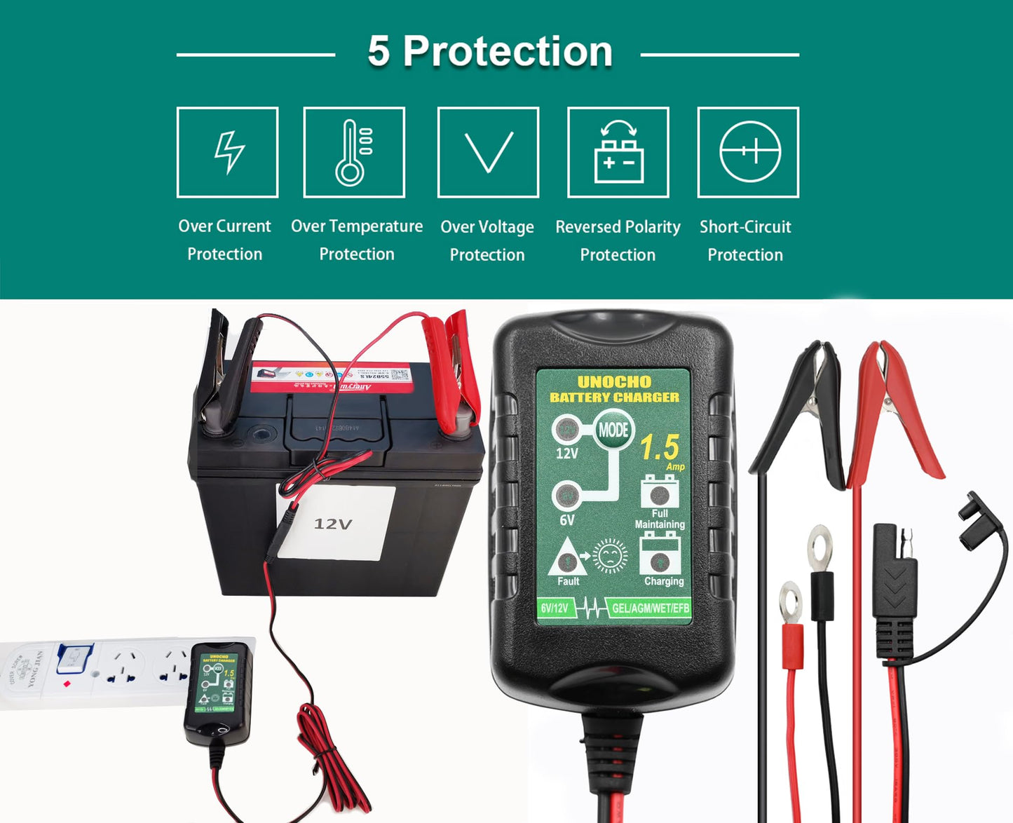6V 12V Battery Charger 1.5A Automatic Battery maintainer trickle Battery Charger Smart Float Charger for auto car Motorcycle Lawn Mower Boat Motorcycle Snowmobile