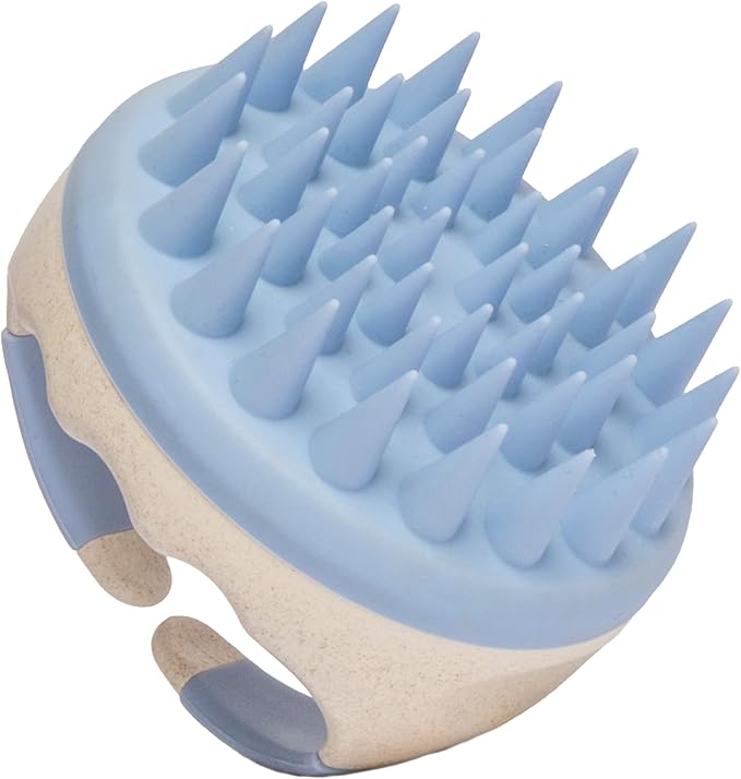 Hair Shampoo Brush and Scalp Exfoliator - Soft Silicone Scalp Massager Hair Growth Stimulator for Wet or Dry Hair - In Shower Scalp Scrubber for Dandruff Removal Made with Recycled Wheat Straw - Blue