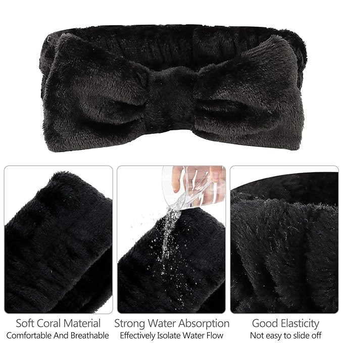 Casoty 6 Pcs Black Microfiber Hairband Set Soft Coral Fleece Material, Good Elasticity, Wide Application for Makeup Headband, Yoga, Reading, Work, Halloween Costume, Pajama Parties