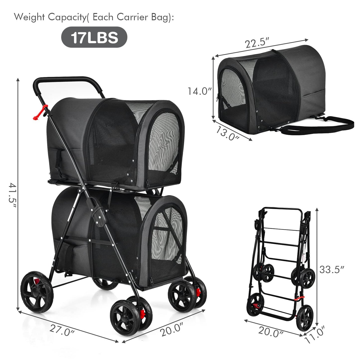 Giantex Double Pet Stroller with 2 Detachable Carrier Bags, Safety Belt, 4 Lockable Wheels, Folding Cat & Dog Stroller for Small Medium Pets, Cats Dogs Puppy Travel Strolling Cart (Black)