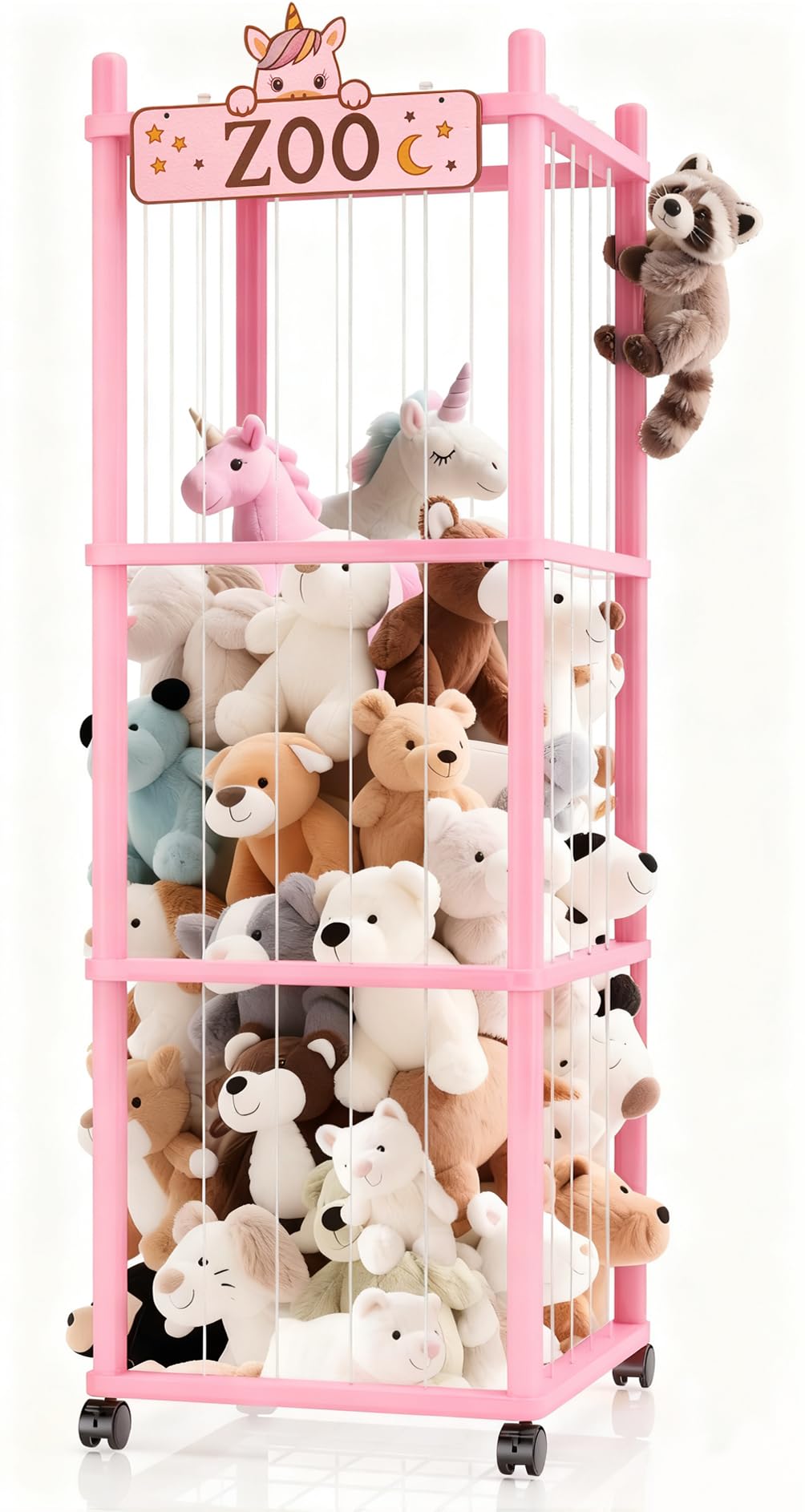 Vecxoty Stuffed Animal Storage Zoo Tower,56In Wooden Large Stuffed Animal Holder Organizer with Wheels,Stuffy Plushies Storage with Elastic Band&Mesh Bottom,Toy Organizers for Playroom Nursery（Pink）