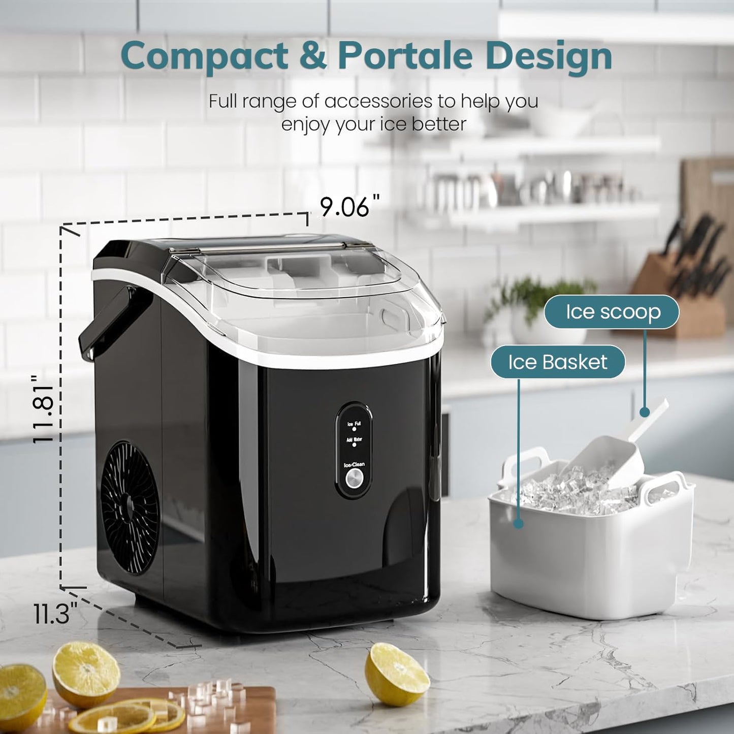 Nugget Countertop Ice Maker with Chewable Pellet Ice, Antarctic Star Portable Ice Machine Pebble Ice with Self-Cleaning, 34Lbs/24H, One Button Operation, for Kitchen, Home Black