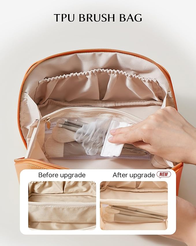 EACHY Travel Makeup Bag, Large Capacity Cosmetic Bag for Women, Waterproof PU Leather, Flat Open Portable Toiletry Bag for Skincare, Brushes & Travel Essentials